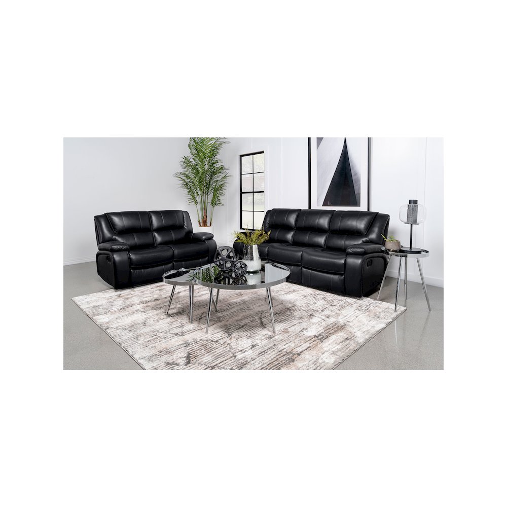 Camila 2-piece Upholstered Motion Reclining Sofa Set Black. Picture 11