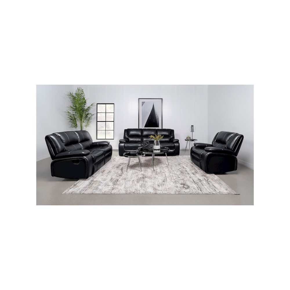 Camila 3-piece Upholstered Motion Reclining Sofa Set Black. Picture 13