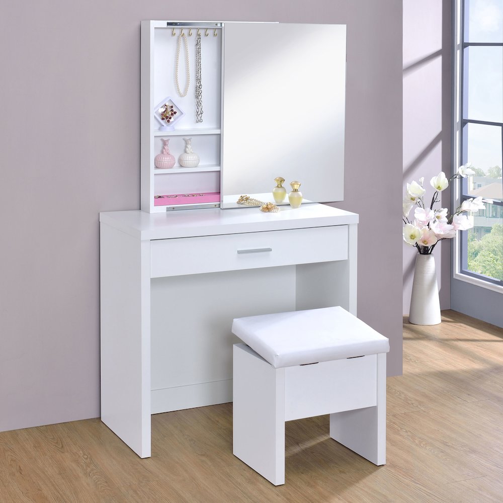 Harvey Vanity Set with Lift-Top Stool White. Picture 14