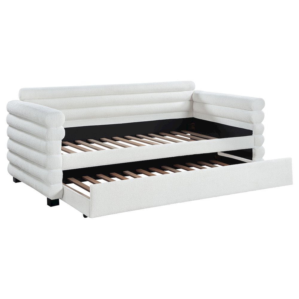 Patricia Boucle Upholstered Twin Day Bed with Trundle White. Picture 1