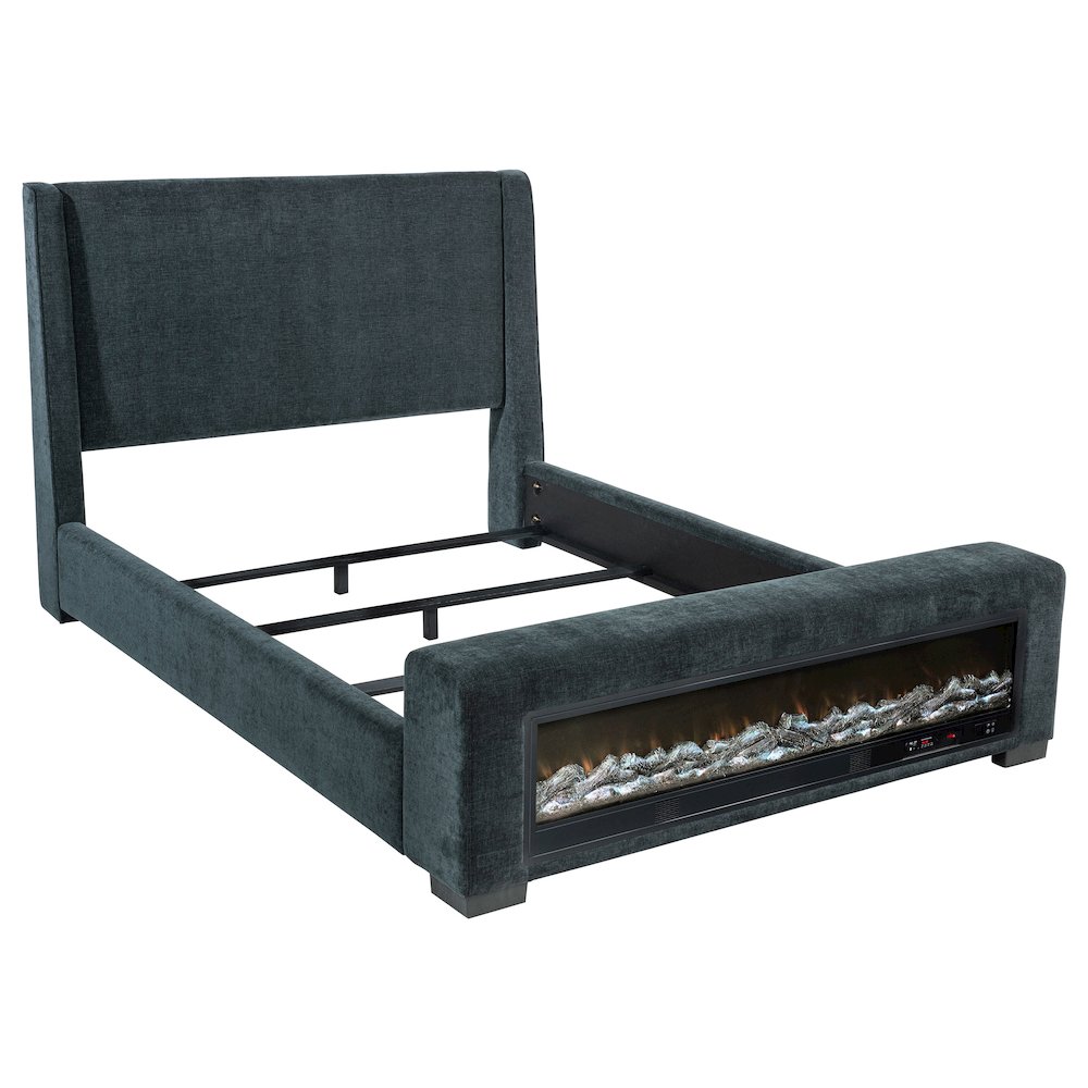 Preston Upholstered Eastern King Audio Fireplace Bed Blue. Picture 1