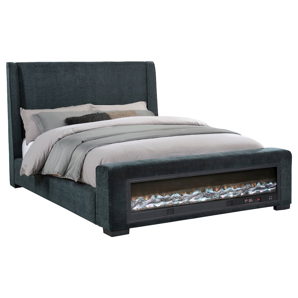 Preston Upholstered Eastern King Audio Fireplace Bed Blue. Picture 3
