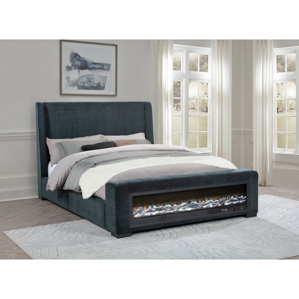 Preston Upholstered Queen Audio Fireplace Bed Blue. Picture 2