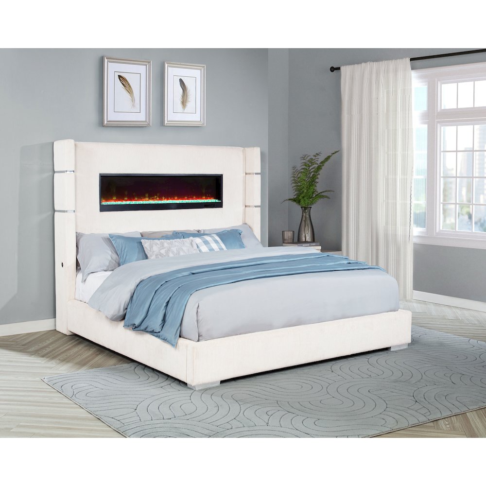 Tisdall Upholstered Eastern King Flame Visualizer Bed Cream. Picture 2