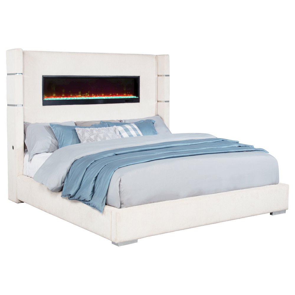 Tisdall Upholstered Eastern King Flame Visualizer Bed Cream. Picture 3