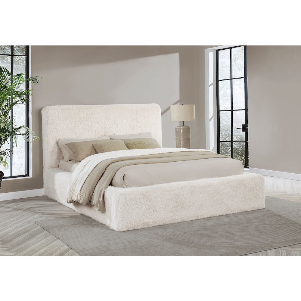 Rebecca Faux Fur Upholstered Eastern King Bed Cream. Picture 2