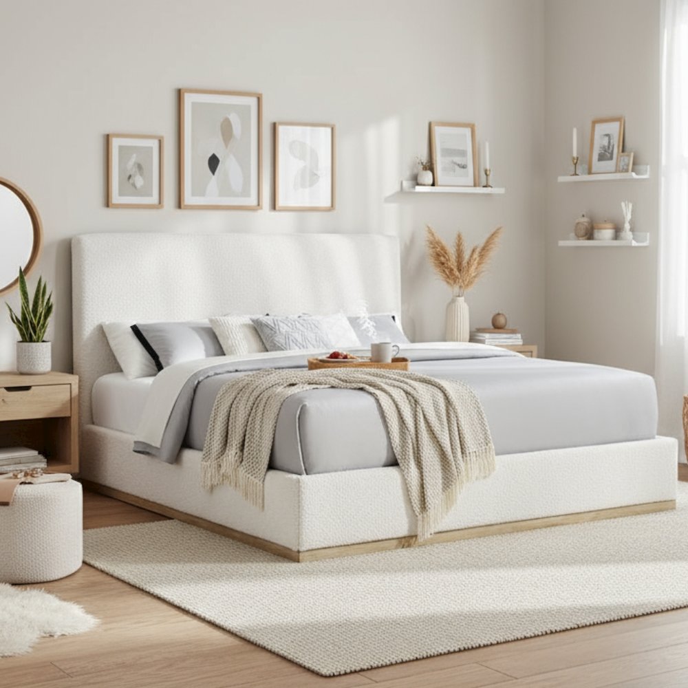 Beige King Size Upholstered Bed Frame, Elegant Upholstered Bed Frame King. Picture 2