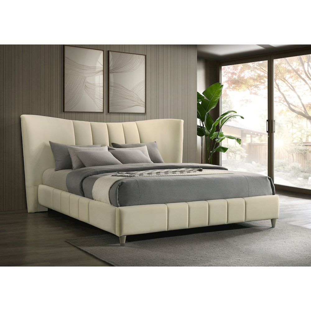 Evelyn Upholstered Eastern King Panel Platform Bed Ivory. Picture 2