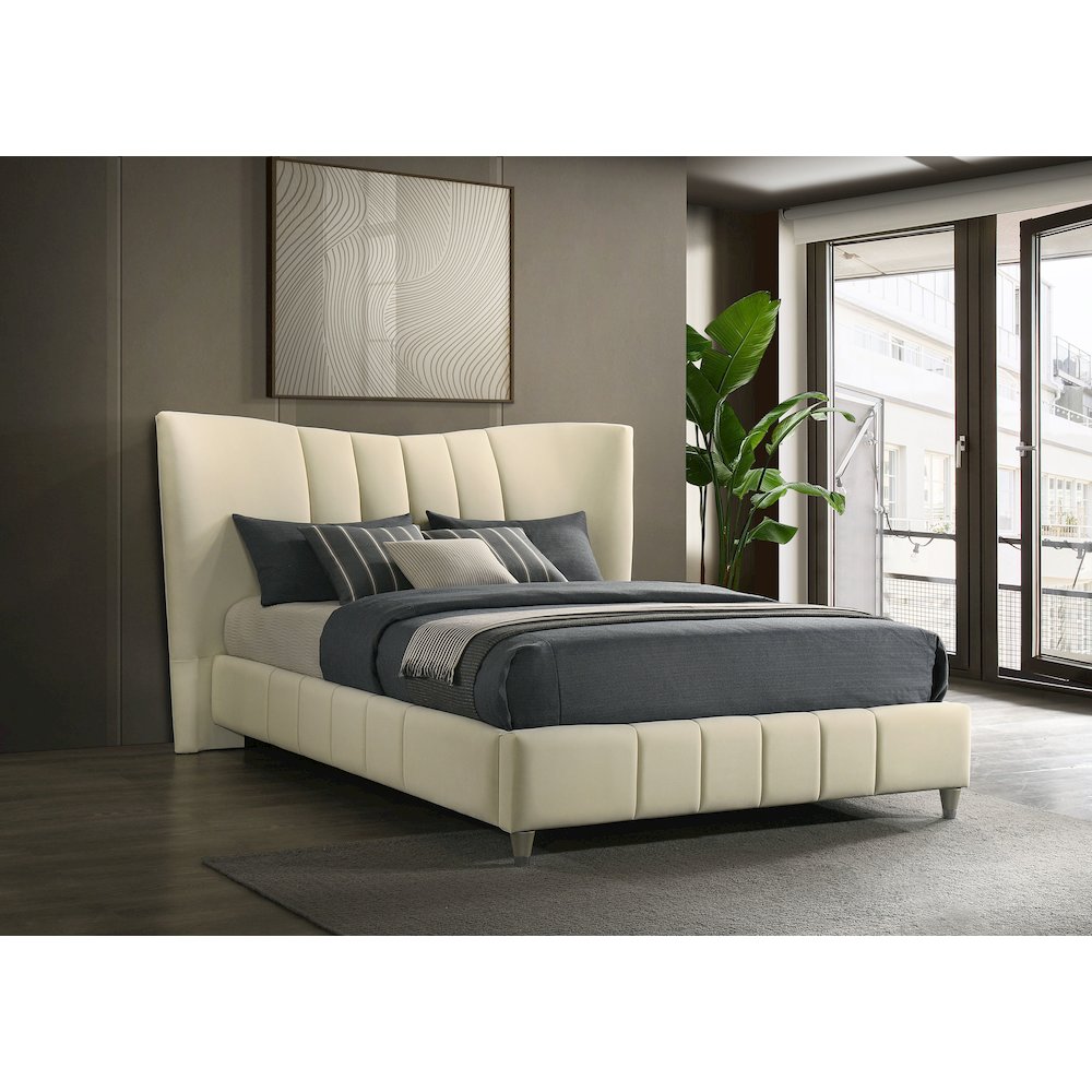 Evelyn Upholstered Queen Panel Platform Bed Ivory. Picture 2