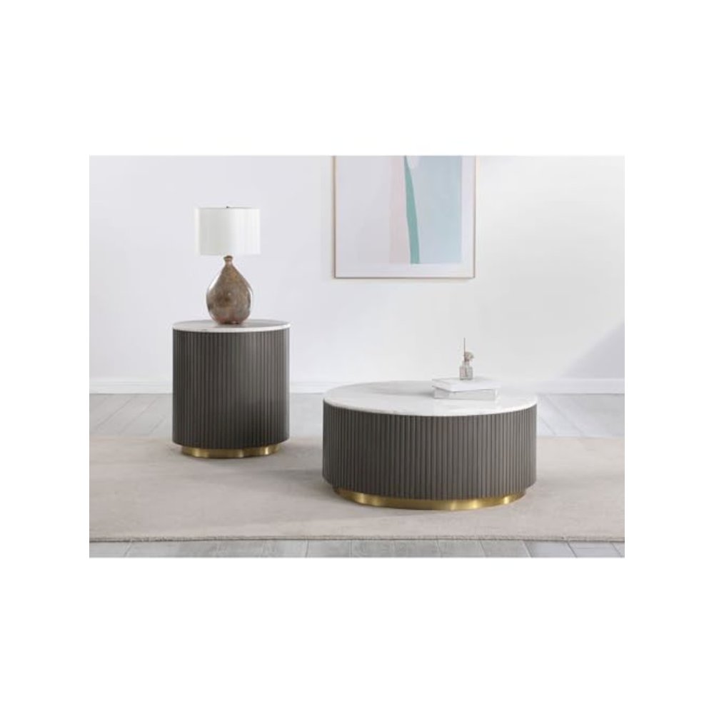 Jason 2-piece Round Marble Coffee and End Table Set White. Picture 4