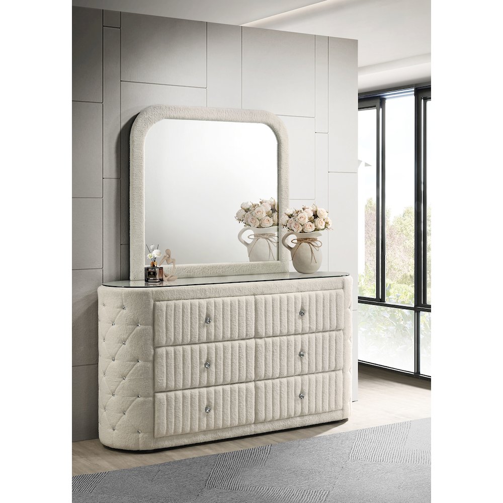Sonya 6-drawer Upholstered Bedroom Dresser with Mirror Ivory. Picture 2