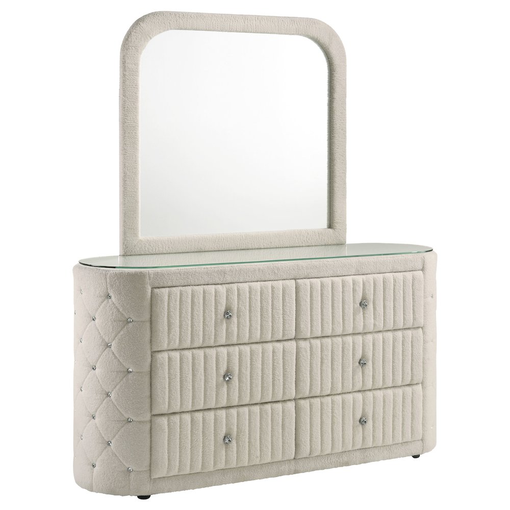 Sonya 6-drawer Upholstered Bedroom Dresser with Mirror Ivory. Picture 1
