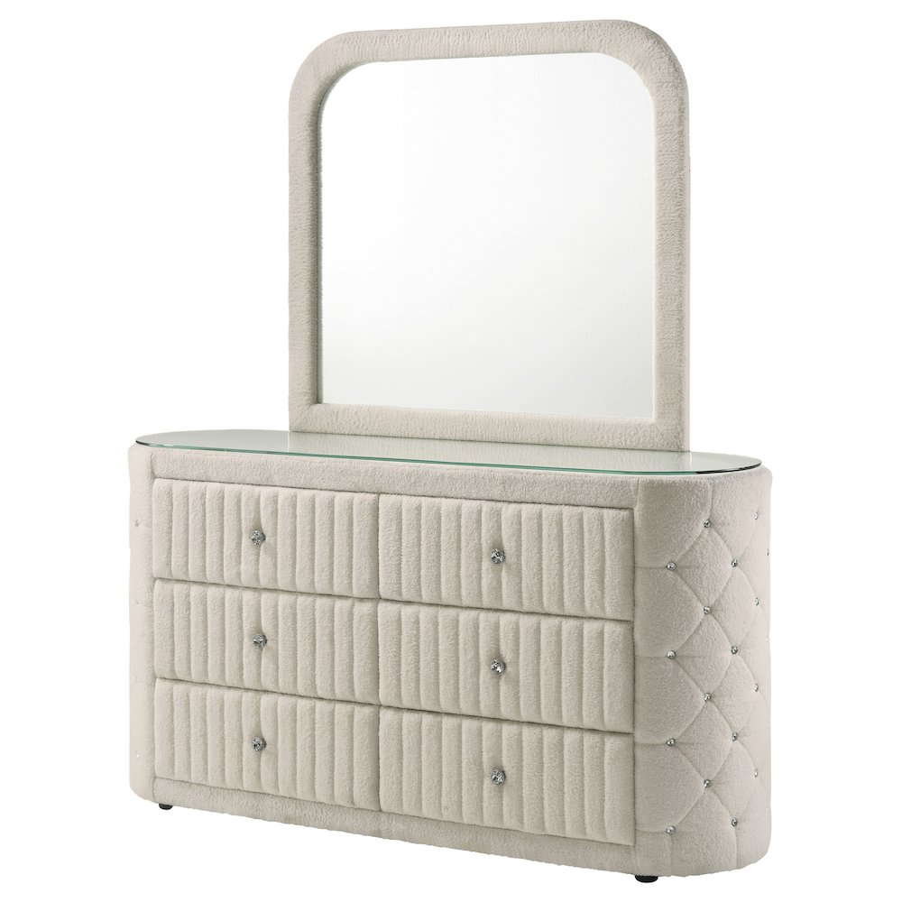 Sonya 6-drawer Upholstered Bedroom Dresser with Mirror Ivory. Picture 4