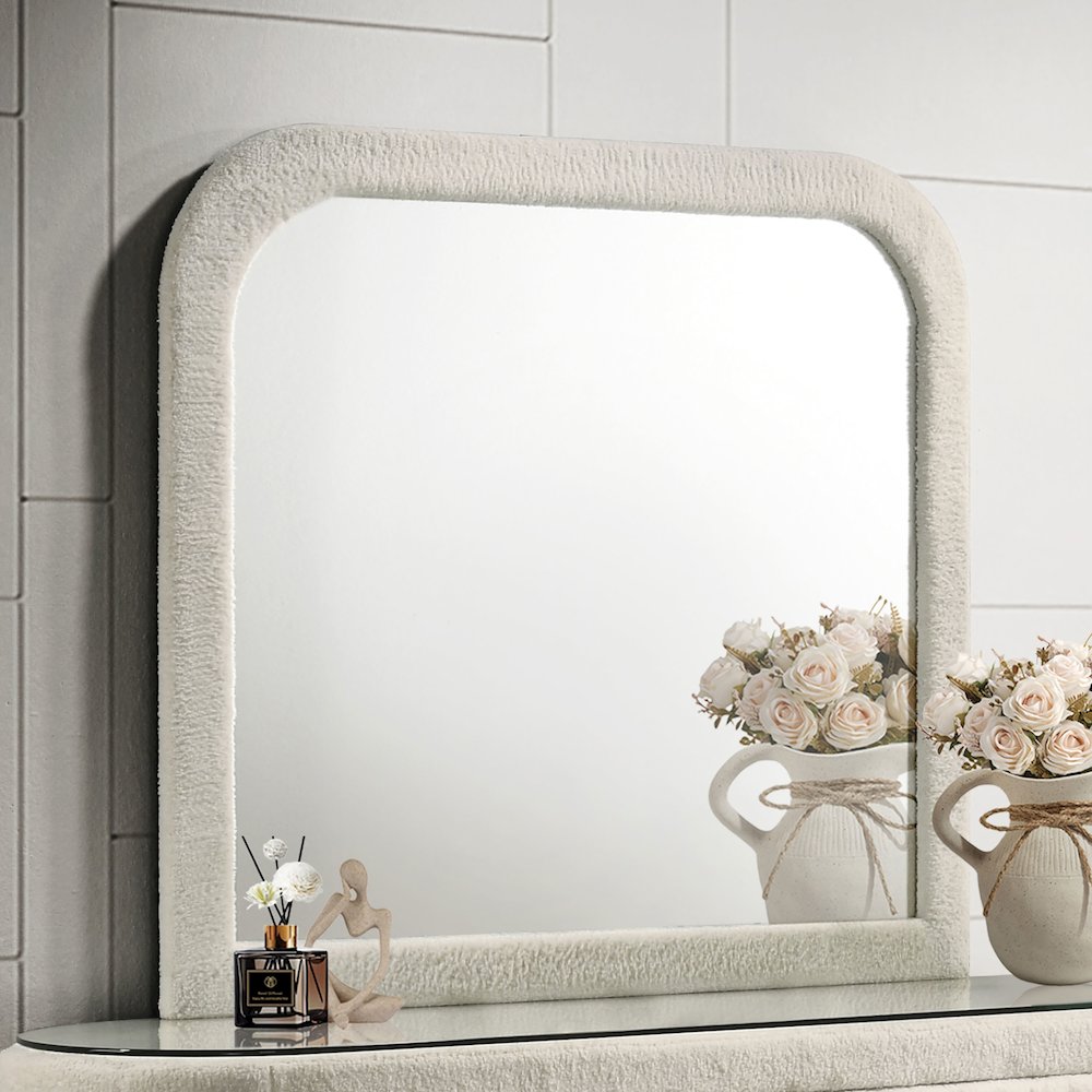 Sonya Upholstered Bedroom Dresser Mirror Ivory. Picture 2