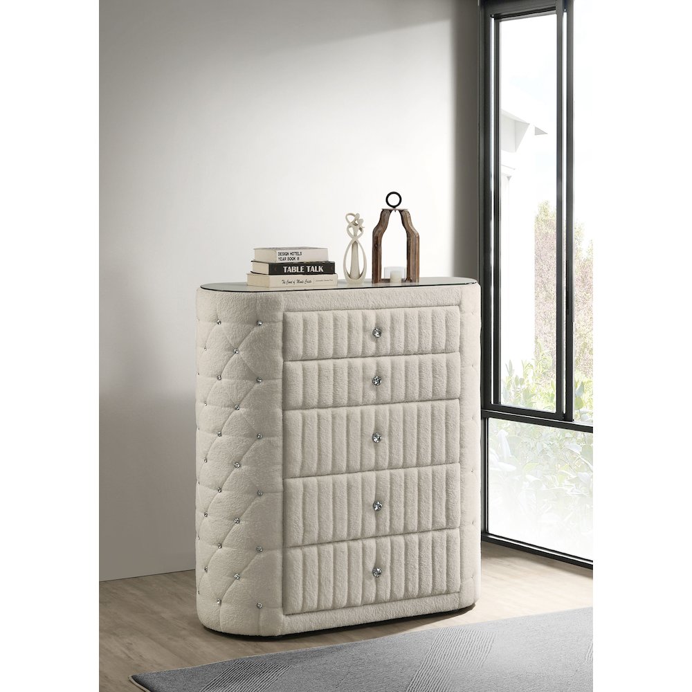 Sonya 5-drawer Upholstered Bedroom Chest of Drawers Ivory. Picture 2
