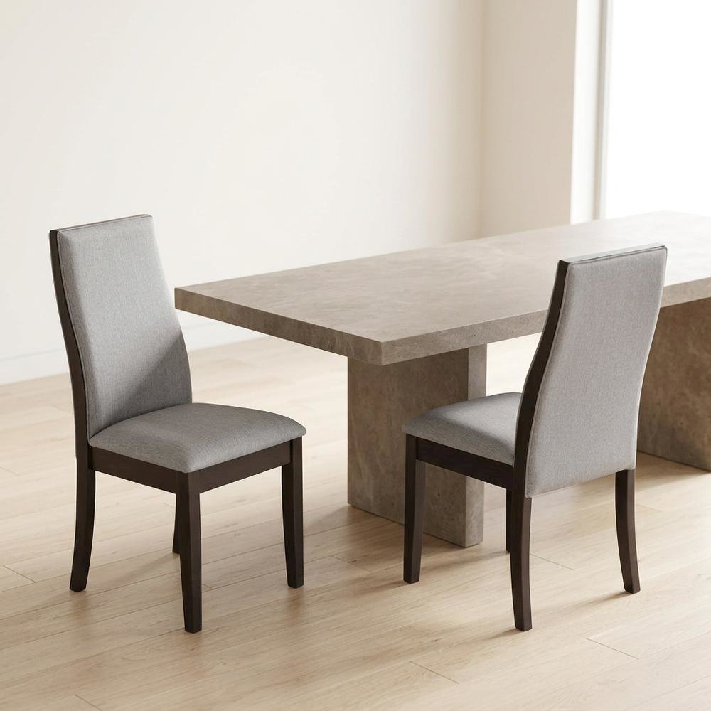 Polyester Upholstered Farmhouse Dining Chair, Espresso Legs, Taupe, Set of 2. Picture 4