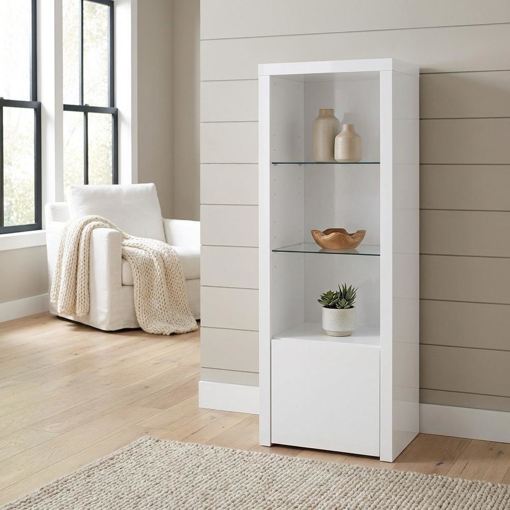 White High Gloss Media Tower With 3 Shelves, Contemporary Style. Picture 2