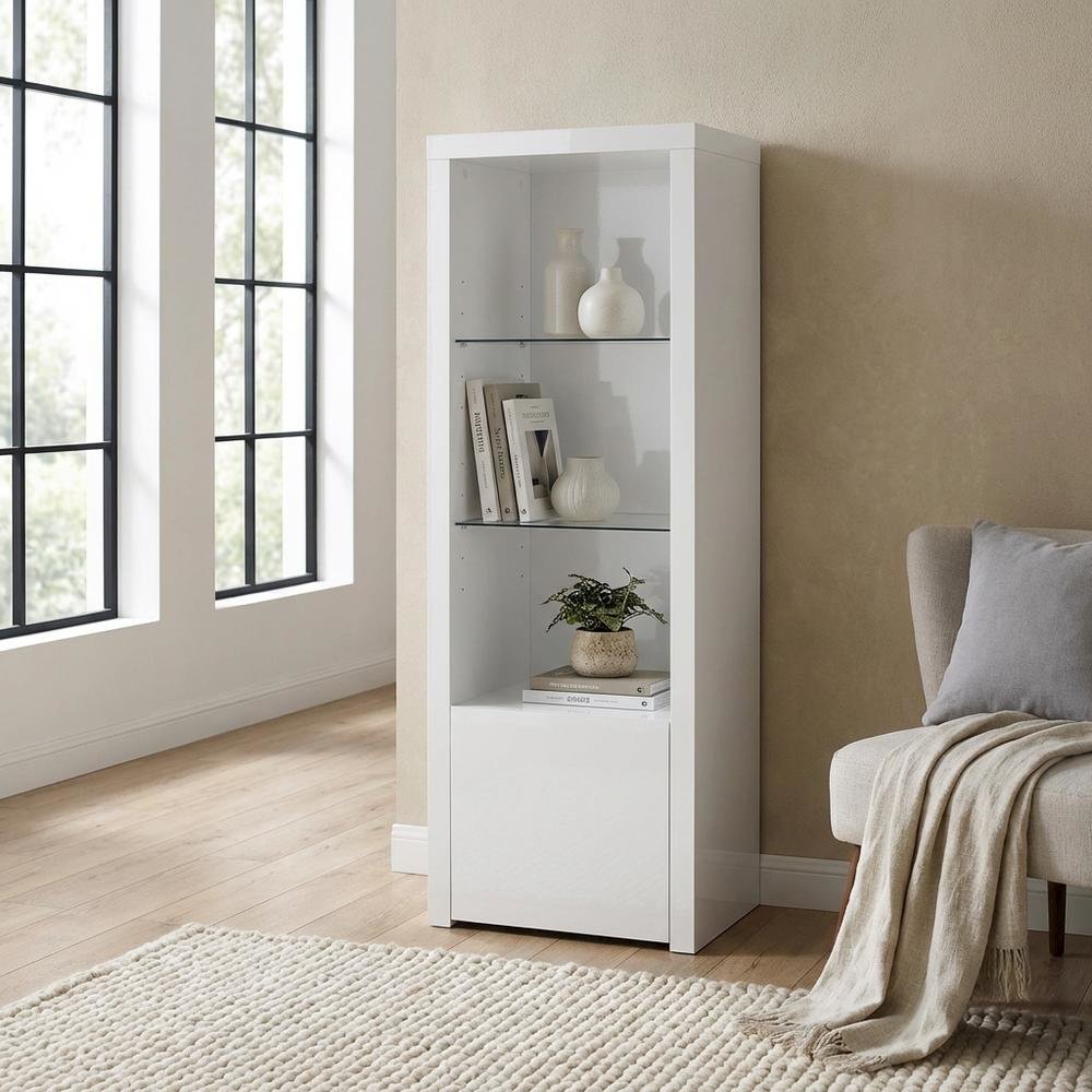 White High Gloss Media Tower With 3 Shelves, Contemporary Style. Picture 3