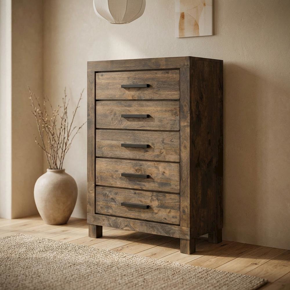 Rustic Golden Brown Bedroom Chest with 5 Drawers and Ample Storage. Picture 3