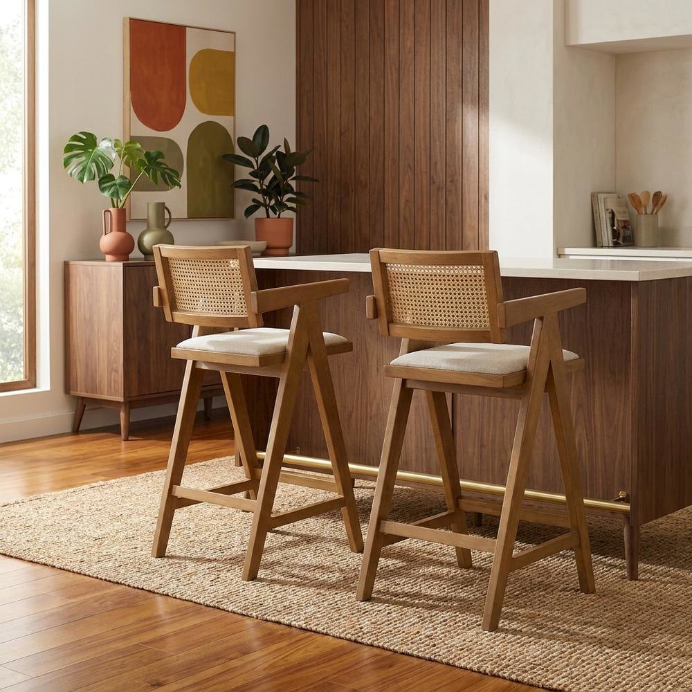 Woven Rattan Wood Bar Stool Light Walnut Set of 2 with Mid-Century Modern Design. Picture 3