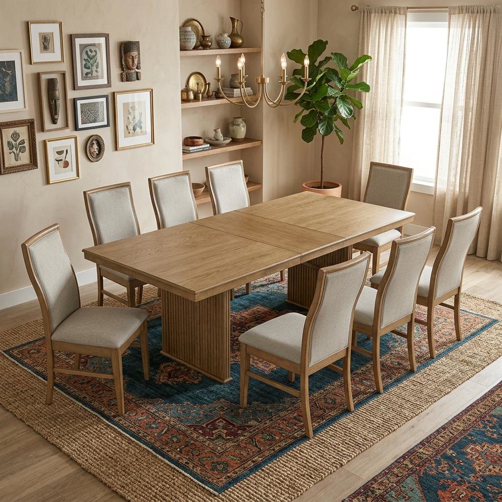 Distressed Light Brown Dining Set with 9 Pieces and Sturdy Construction. Picture 2