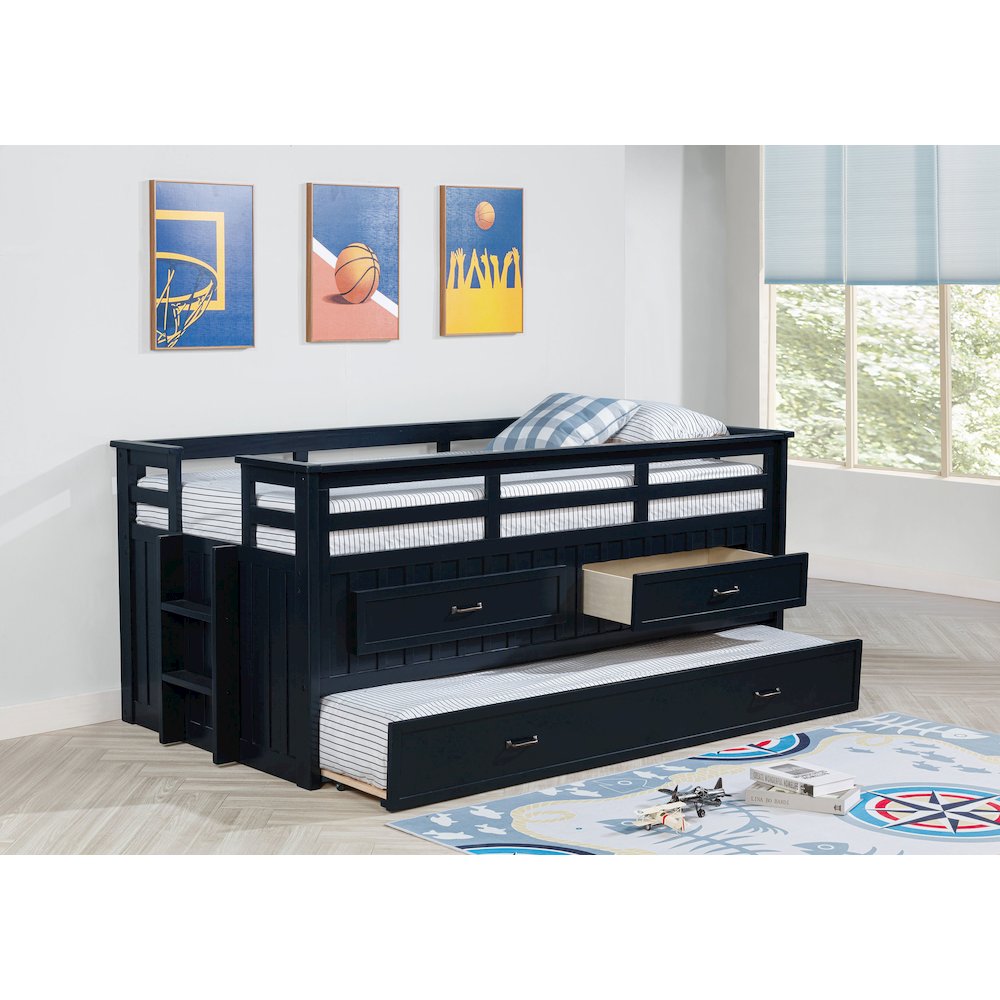 Carlsbad Wood Twin Captains Bed With Trundle Navy Blue. Picture 1