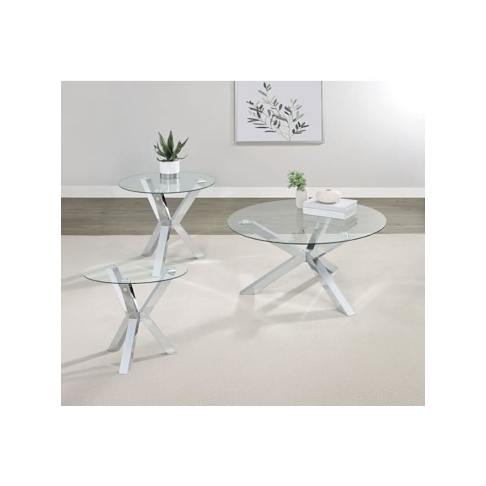 Kenzie 3-piece Round Coffee and End Table Set Chrome. Picture 2
