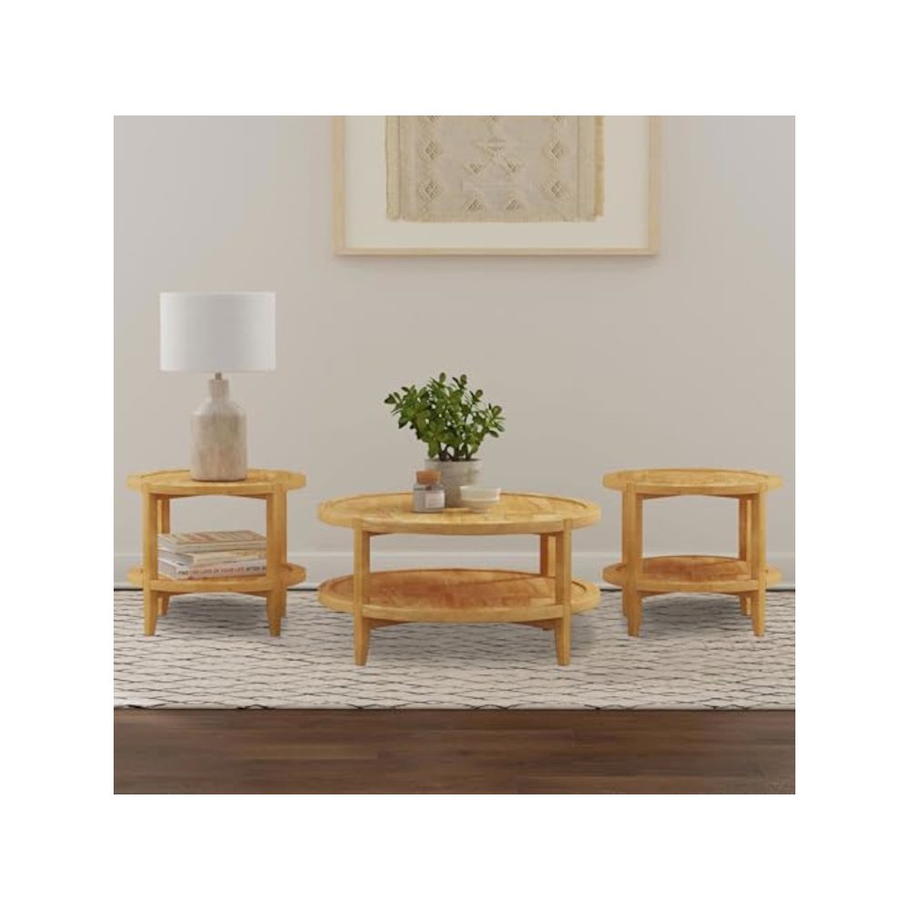 Camillo 3-piece Round Coffee and End Table Set Maple. Picture 2