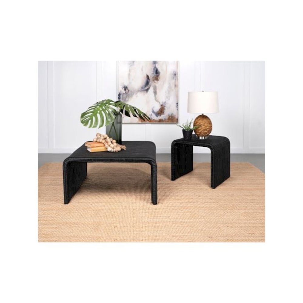 Cahya 2-piece Rattan Coffee and End Table Set Black. Picture 2