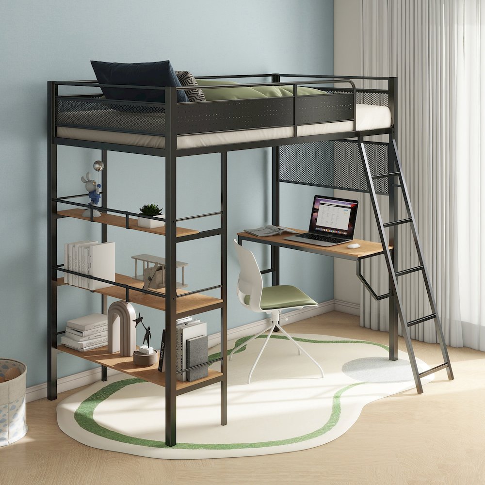 Campus 3-shelf Metal Twin Workstation Loft Bed Matte Black. Picture 2
