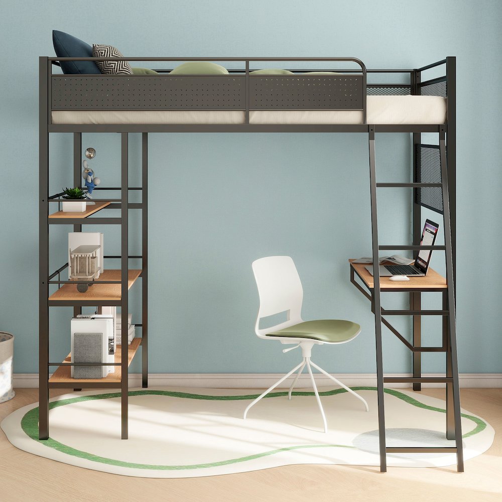 Campus 3-shelf Metal Twin Workstation Loft Bed Matte Black. Picture 3