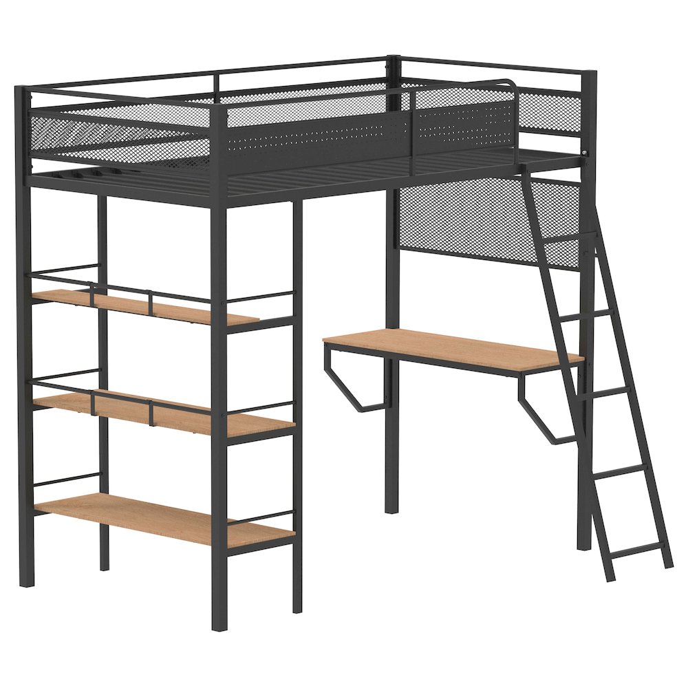 Campus 3-shelf Metal Twin Workstation Loft Bed Matte Black. Picture 1