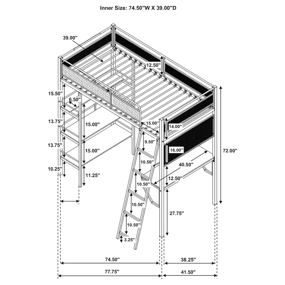 Campus 3-shelf Metal Twin Workstation Loft Bed Matte Black. Picture 8