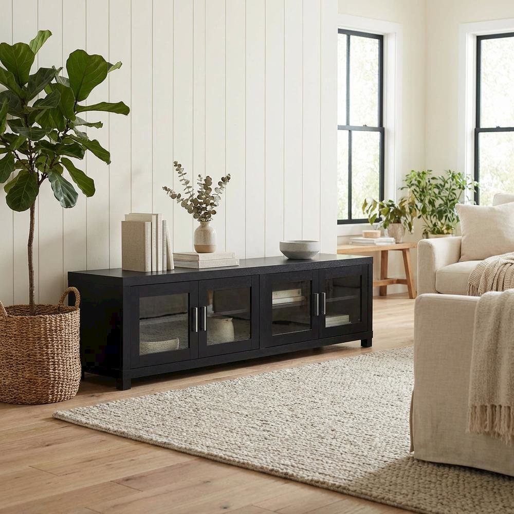 Black engineered wood TV stand, 4 doors, modern design,, durable materials. Picture 3
