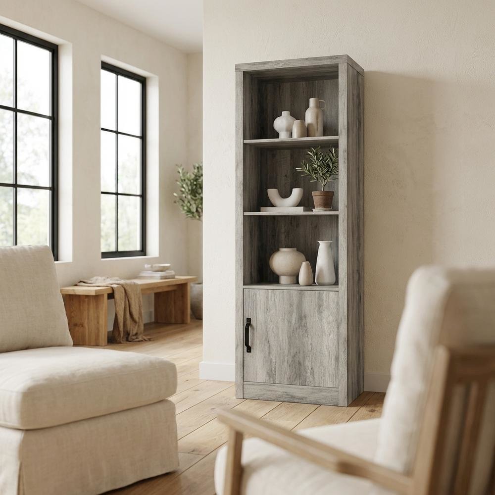 Grey Engineered Wood Media Tower With 3 Shelves, Transitional. Picture 3