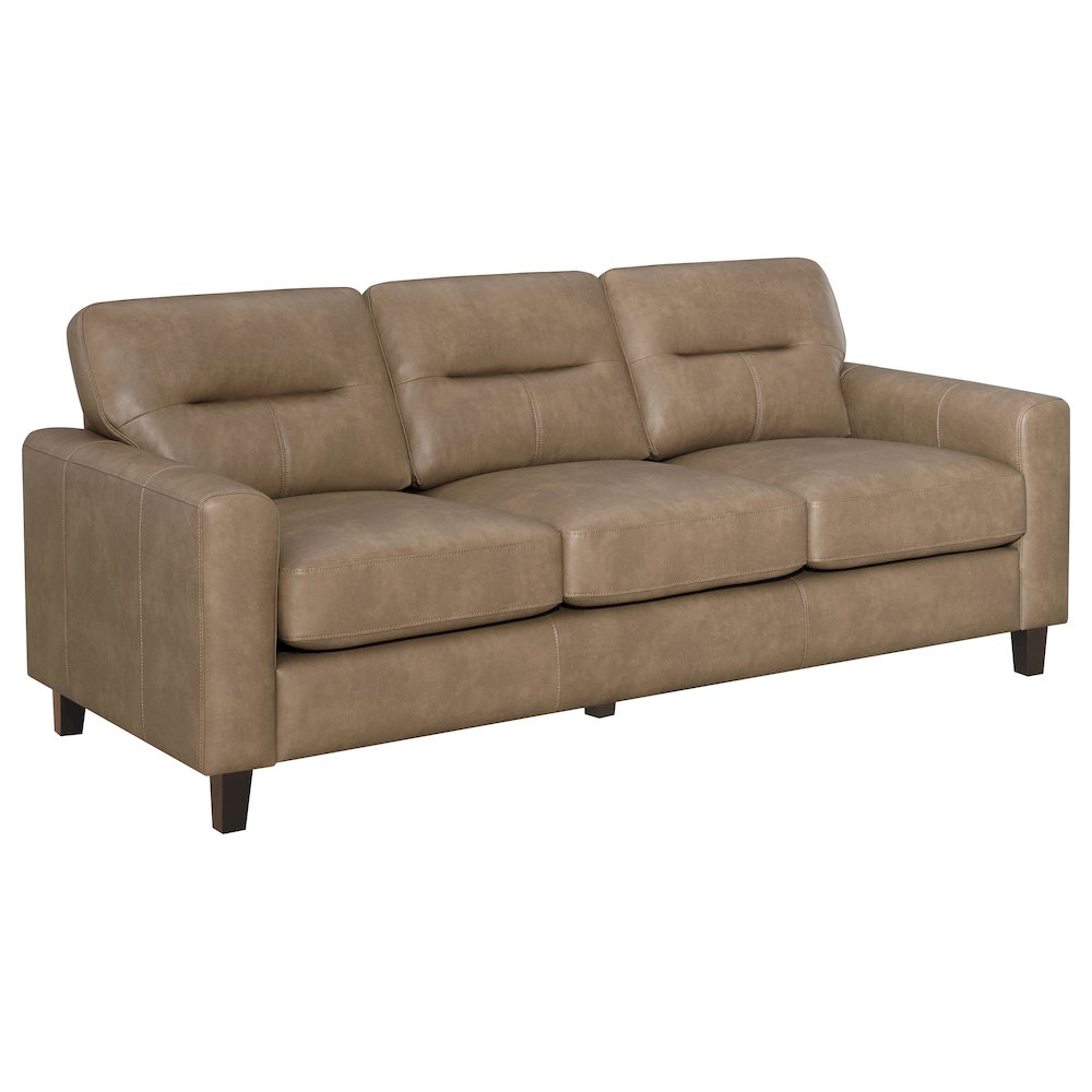 Scotland Faux Leather Upholstered Track Arm Loveseat Brown. Picture 1
