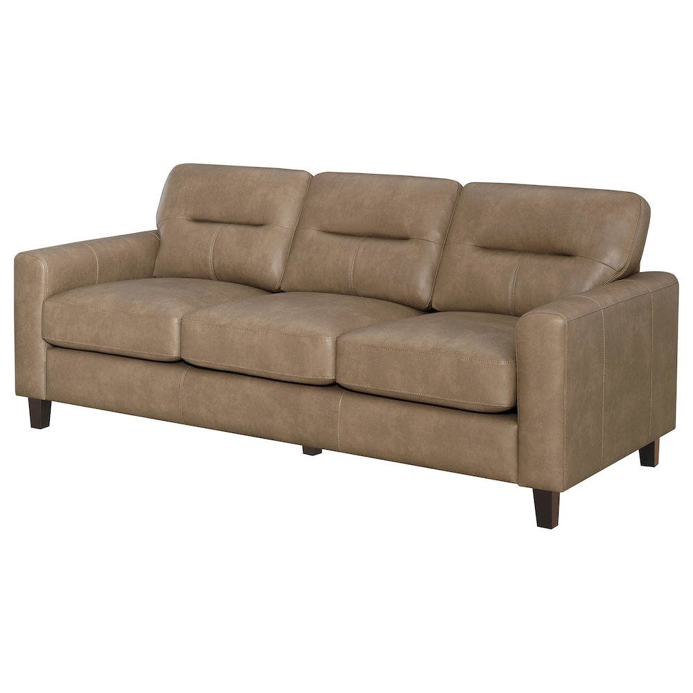 Scotland Faux Leather Upholstered Track Arm Loveseat Brown. Picture 3