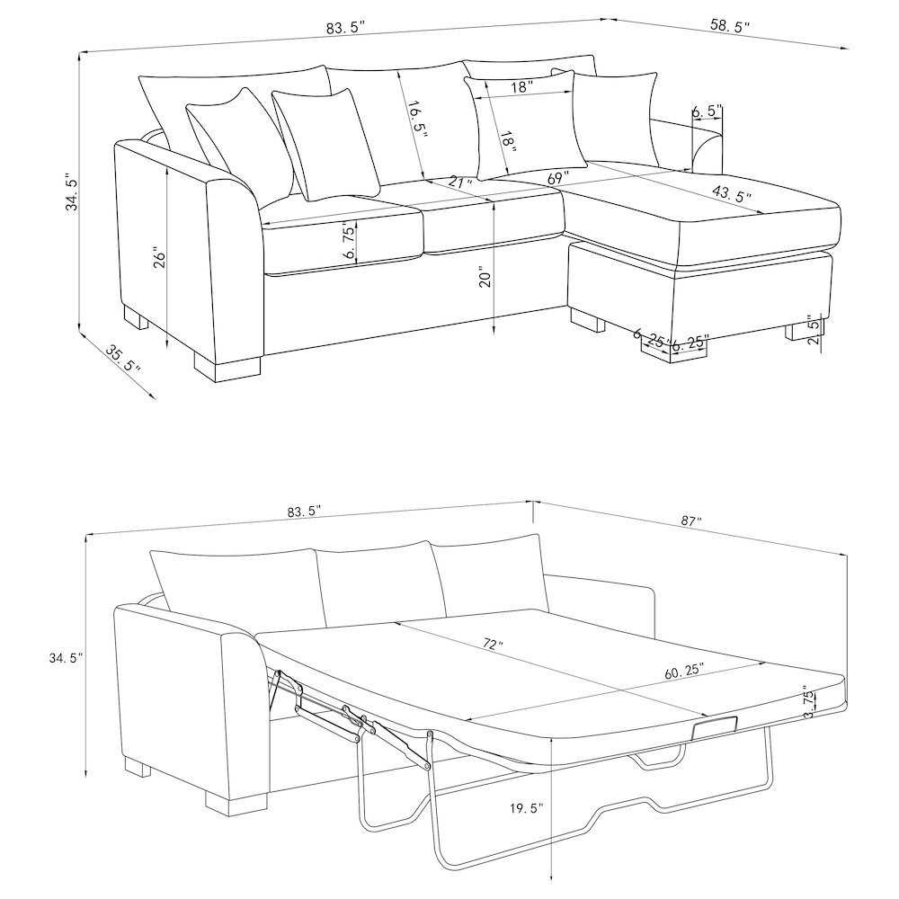 Storey Upholstered Sleeper Sectional Chaise Sofa Grey. Picture 16