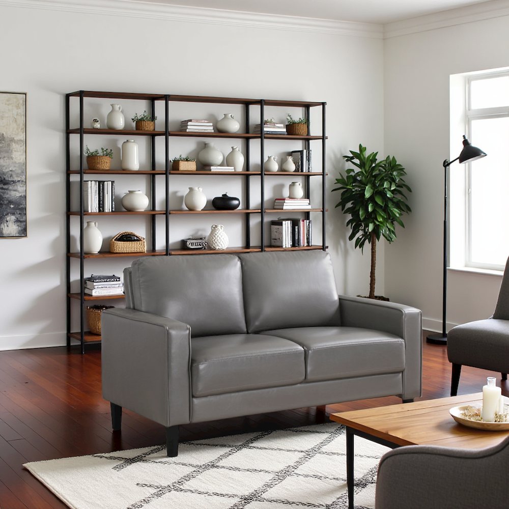 Gray Faux Leather 2 Seater Couch, Leather Loveseat Sofa for Living Room. Picture 2