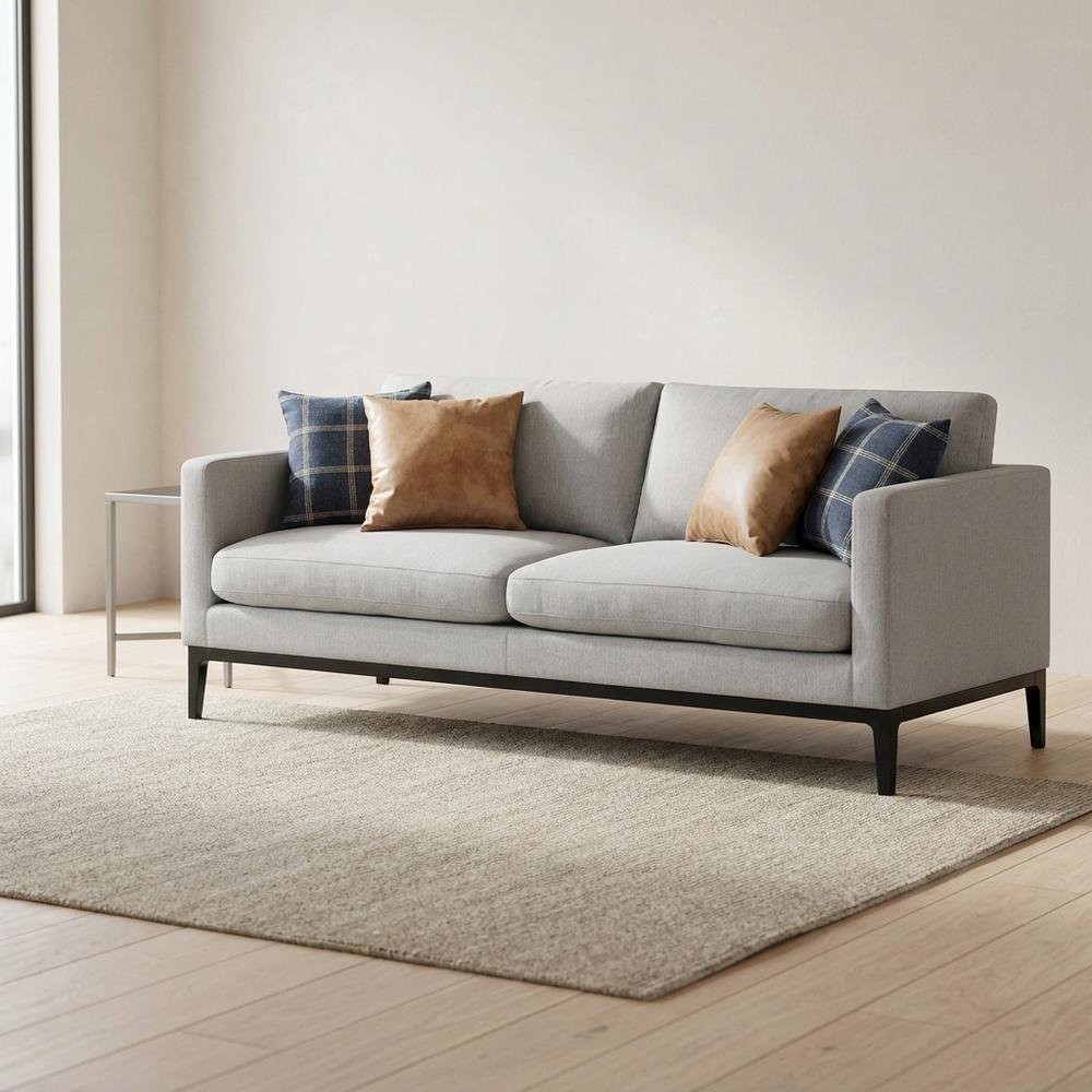 Polyester-Upholstered Track Arm Sofa with Metal Legs for Living Room, Light Grey. Picture 2