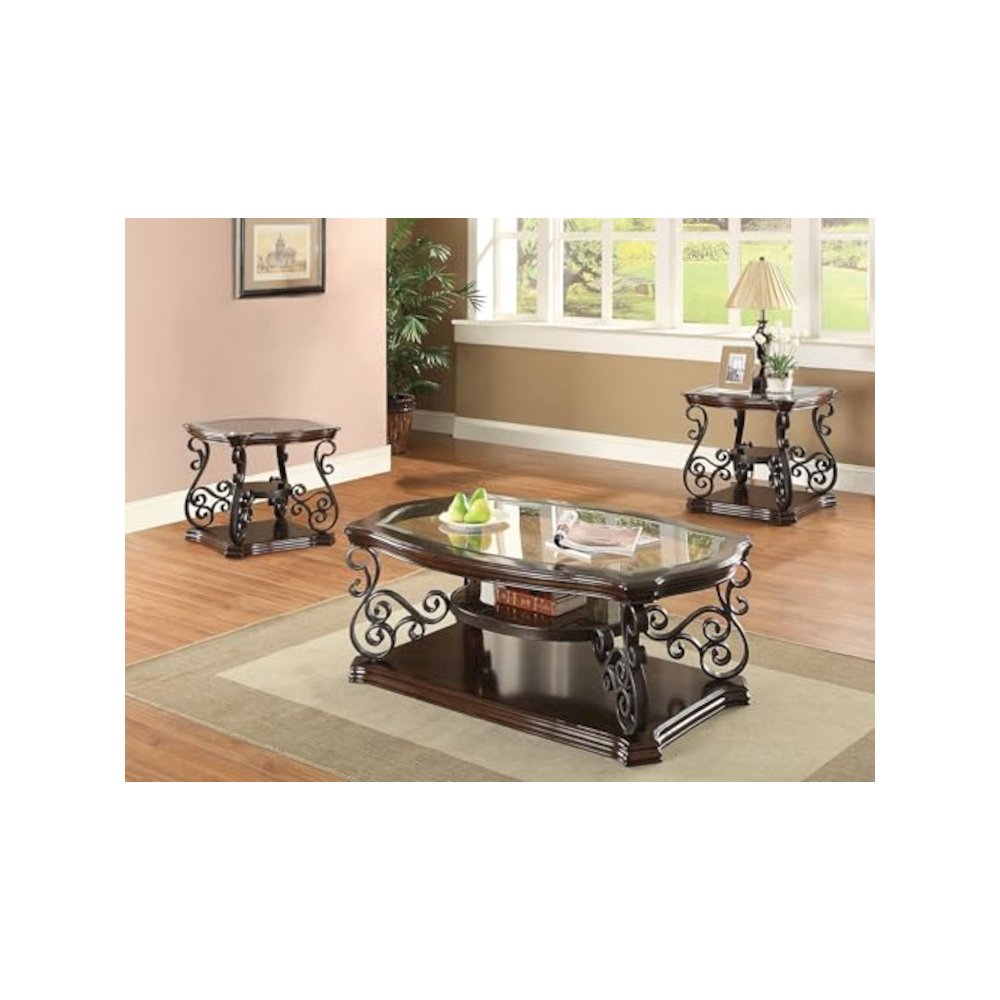 Laney 3-piece Glass Top Coffee and End Table Set Dark Merlot. Picture 2