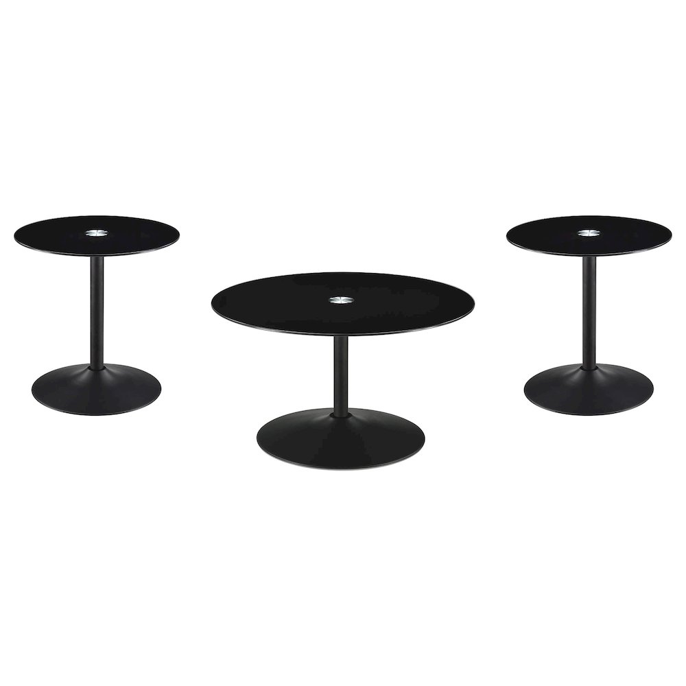 Ganso 3-piece Round Glass Top Coffee and End Table Set Black. Picture 1