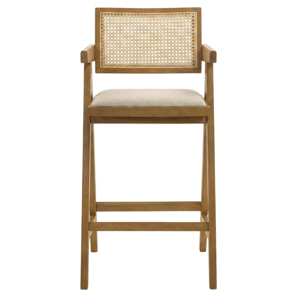 Woven Rattan Wood Bar Stool Light Walnut Set of 2 with Mid-Century Modern Design. Picture 6