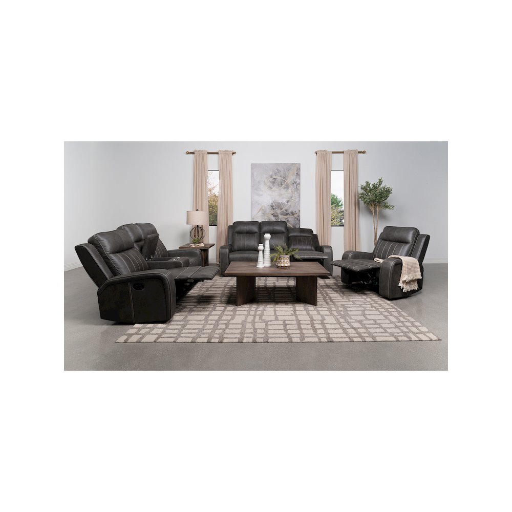 Raelynn Upholstered Track Arm Motion Sofa Grey. Picture 11