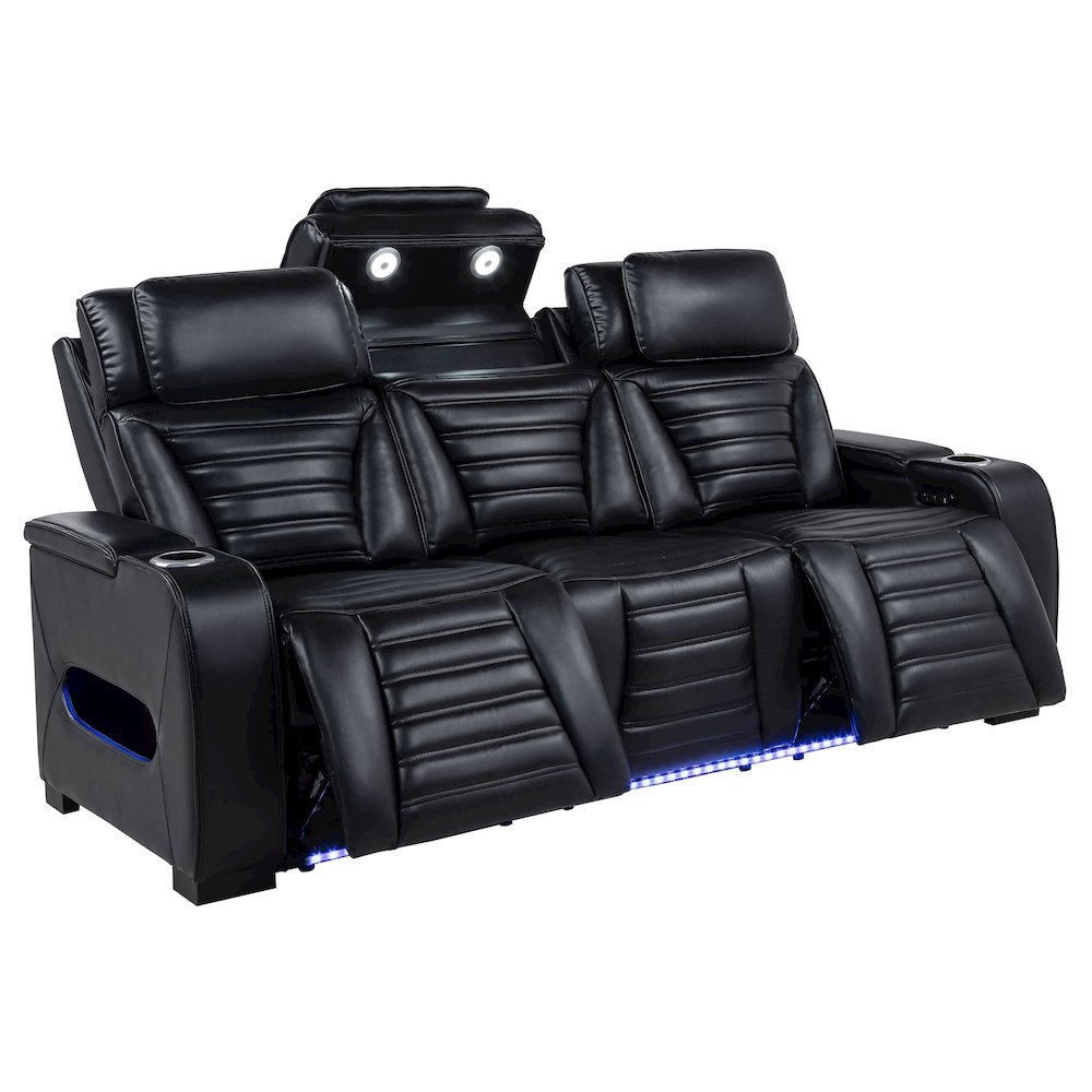 Zuma Faux Leather Dual Power Reclining LED Sofa Black. Picture 1