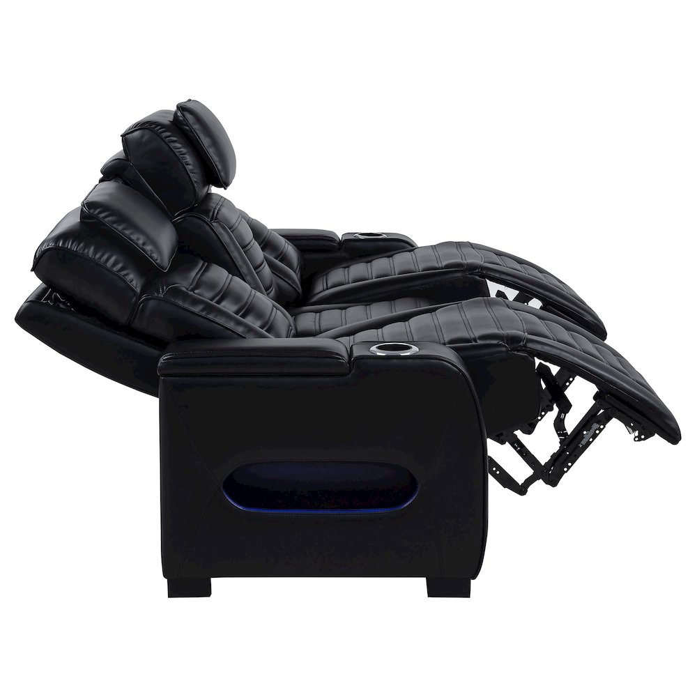 Zuma Faux Leather Dual Power Reclining LED Sofa Black. Picture 5