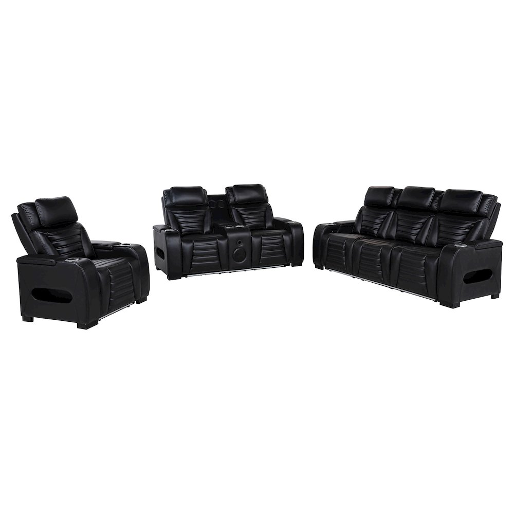 Zuma 3-piece Faux Leather Dual Power LED Sofa Set Black. Picture 1