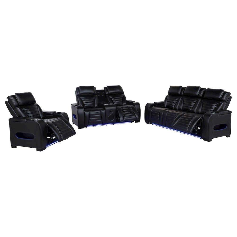 Zuma 3-piece Faux Leather Dual Power LED Sofa Set Black. Picture 2