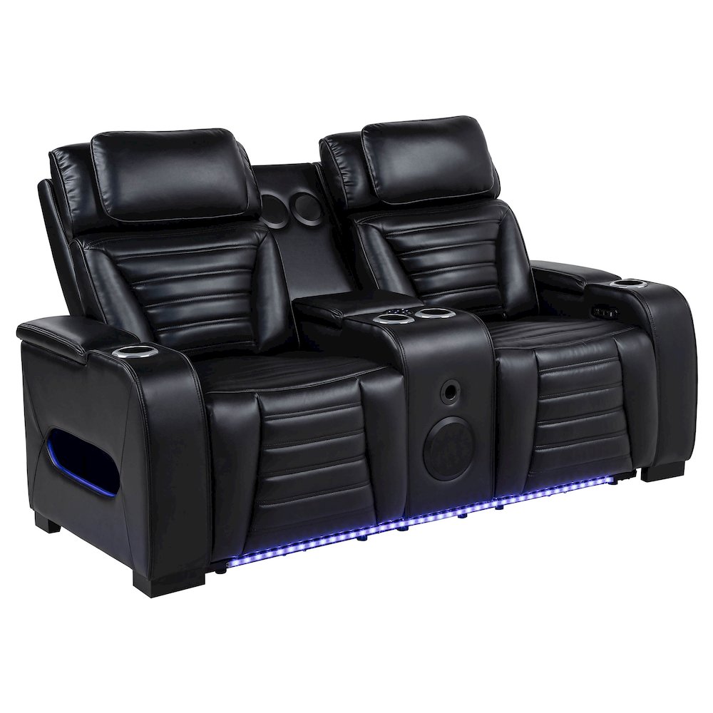 Zuma Faux Leather Dual Power Reclining LED Loveseat Black. Picture 1