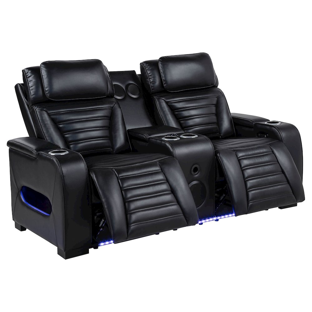 Zuma Faux Leather Dual Power Reclining LED Loveseat Black. Picture 2